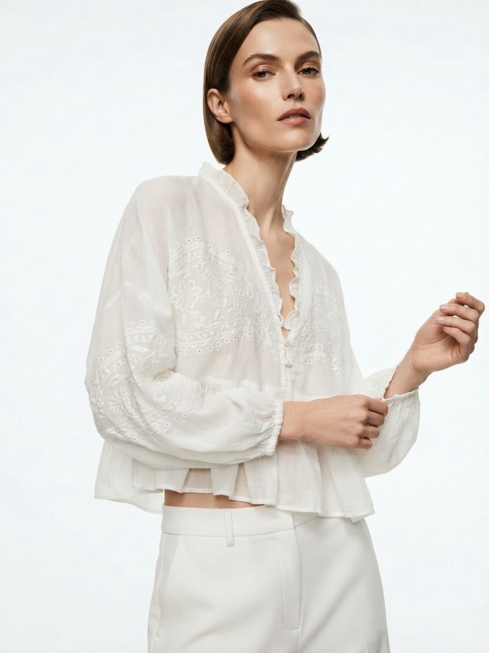 ZARA White Embroidered Eyelet Peasant Blouse Boho Ruffle Tiered Peplum Top S